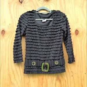 Frank Lyman Y2K Scoop Neck Shutter Ruffle Belt Buckle Black Top Women's Small